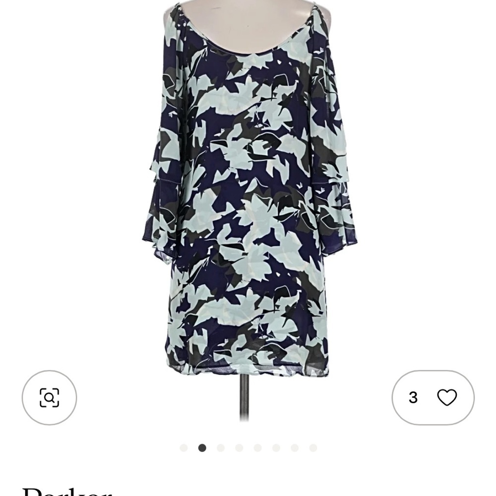 Parker Navy and Light Blue 100% silk Floral Cold-Shoulder Midi Dress - Picture 2 of 8